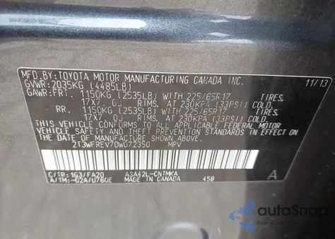 2013 Toyota Rav4 Xle из США, поврежденный, VIN 2T3WFREV7DW072350